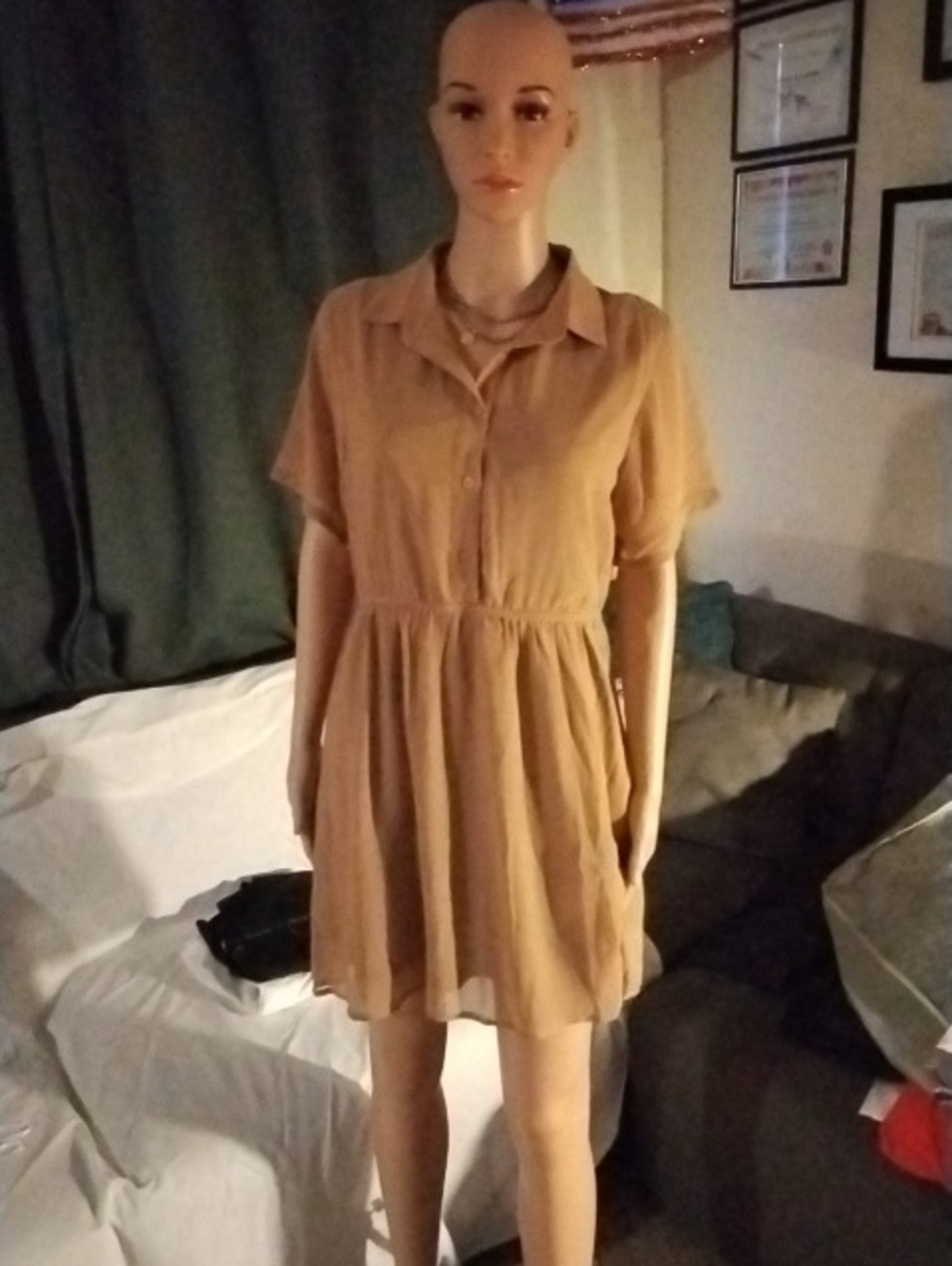 Short-Sleeve Collared Mini Dress in Tan